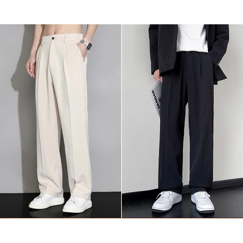 (004)Quần âu nam , Quần tây nam hàn quốc dáng ống suông đứng rộng Menswear Kem Đen Nhung Ong Pants
