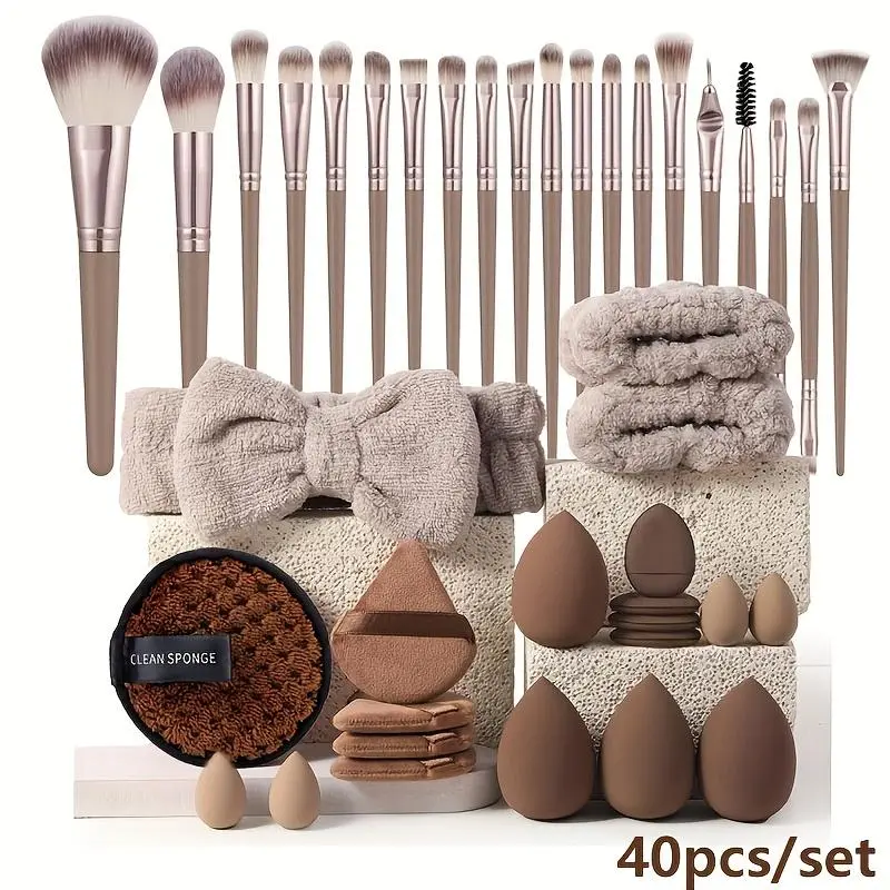 Makeup Tool Set, 40pcs/set Including Makeup Brush & Sponge & Headband & Wristband & Powder & Triangle Puff & Finger Puff & Cleaning Sponge, Cosmetic