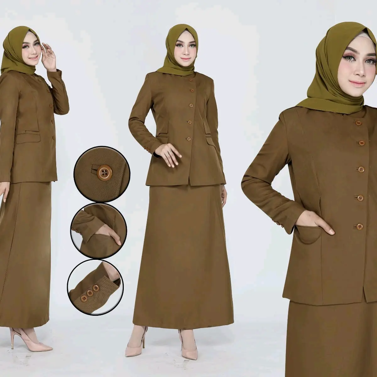 SERAGAM DINAS KERJA KHAKY COKLAT KANCING MIRING WANITA SETELAN ROK SPAN/ROK.A/CELANA PANJANG BAHAN KATUN FREE HIJAB Wanita
