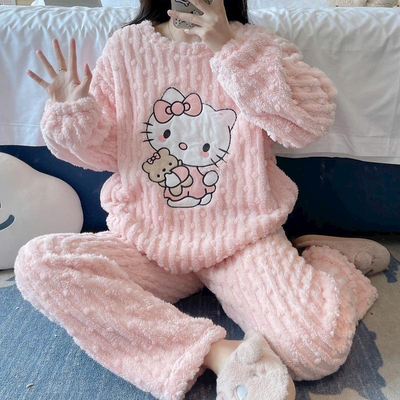 [BL11] Bộ Đồ Lông Giữ Nhiệt, Bộ Ngủ Lông Hello Kitty, Bộ Ngủ Nữ Lông Ủ Kem, Quần Áo Lông Xoắn Dài Tay CÚN Ấm Áp Women Nho Voi Hồng Quần Ngủ