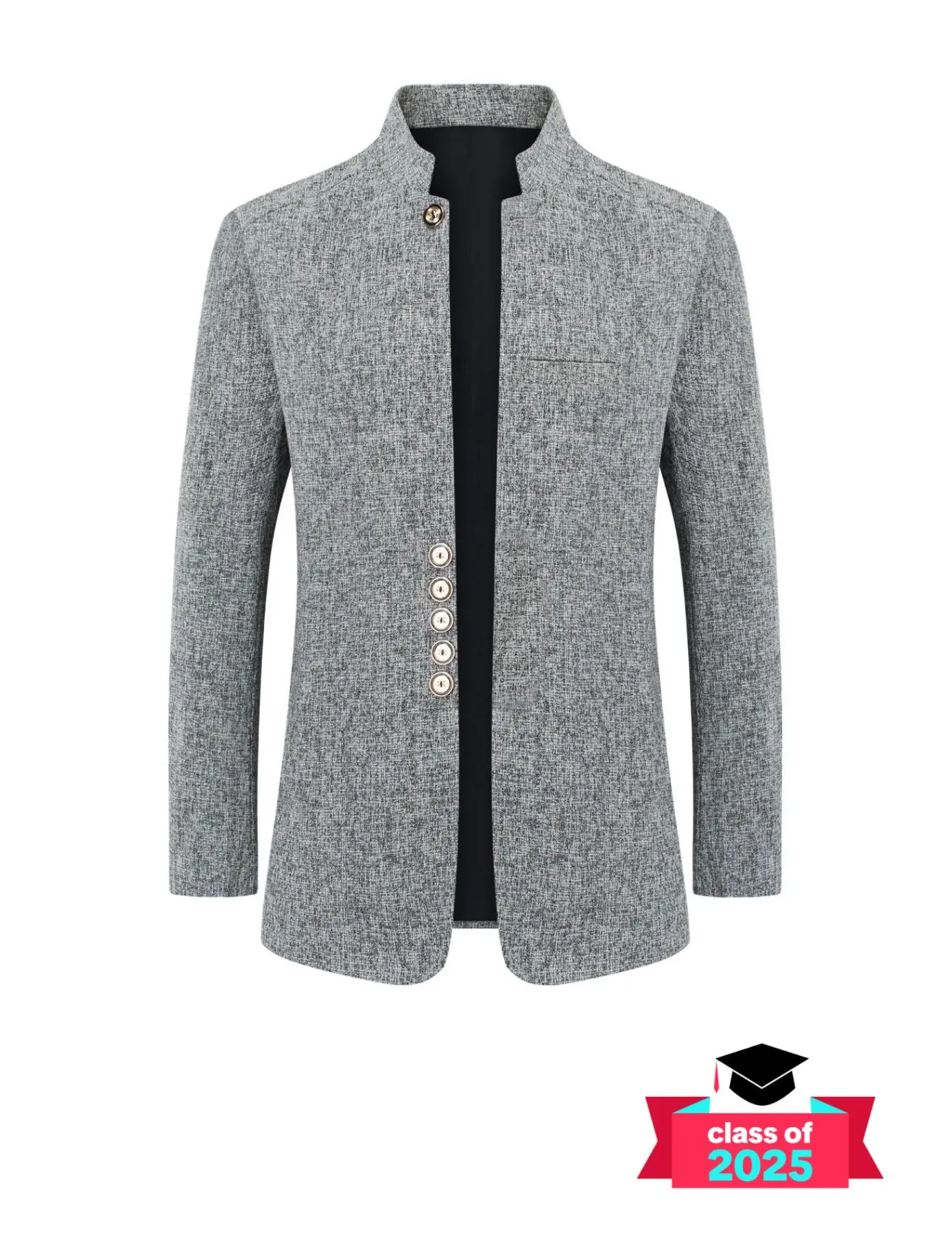 Men's Solid Color Button Pocket Blazer, Regular Fit Business Stand Collar Long Sleeve Outerwear for Spring & Fall, Fashion Men's Clothing for Work Office Business