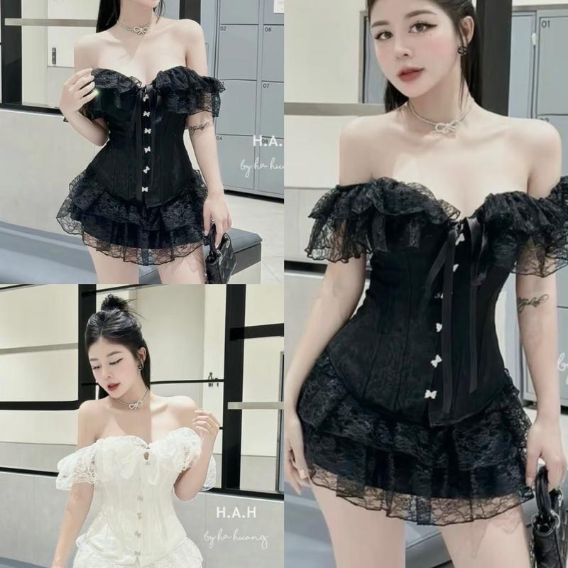 Set cúp ren khuy "NƠ ĐÁ" bẹt vai tiểu thư - Chân váy ren cao cấp có kèm 5 nơ cài - Thuỳ Cẩm Nhung Store