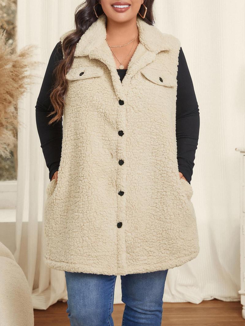 Product Introduction of CURVZY Plus Size Solid Color Button Front Pocket Long Vest Jacket, Casual Sleeveless Collared Fuzzy Outerwear for Fall & Winter, Women's Clothes for Daily Wear 15