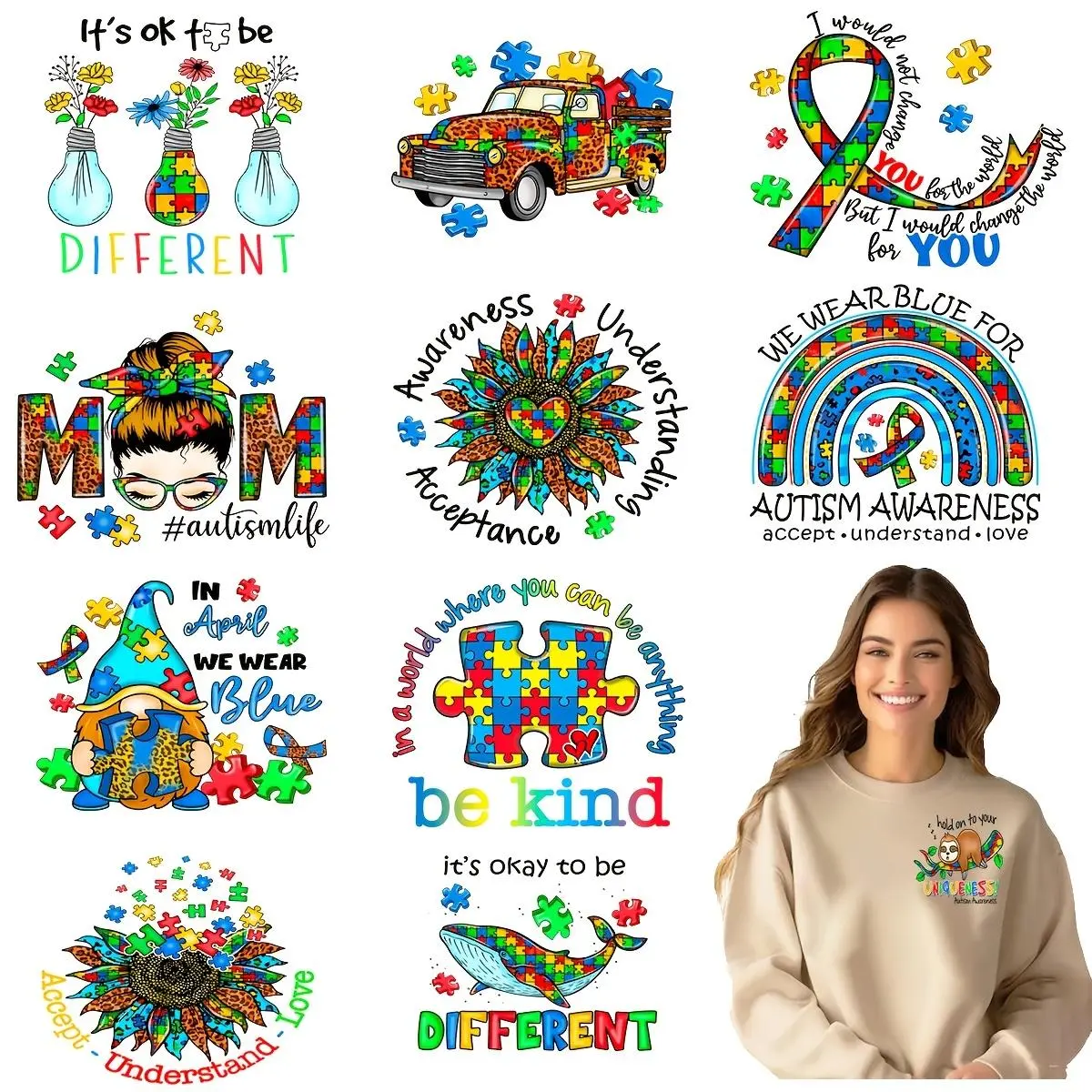 Autism Awareness Themed Iron on Transfer Sticker, 12pcs/set DIY Heat Transfer Sticker, Heat Press Sticker for T-shirt, Jeans, Backpack, Hat