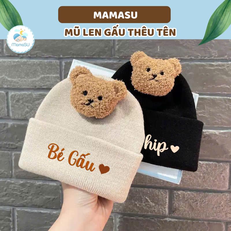 (THÊU TÊN) Mũ Len Đính Gấu Thêu Tên Riêng Theo Yêu Cầu Cho Bé Phong Cách Hàn Quốc Mùa Đông MamaSu46