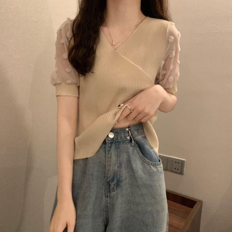Product Introduction of Áo Thun Thiết Kế Voan Dáng Ôm, Knatwear, Cổ Chữ V, Ngắn, Dành Cho Nữ, Màu Đỏ Ngủ, Quần Áo Nữ 6