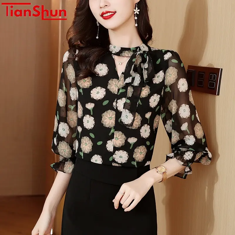 Tianshun Fashion Korean Style Baju Wanita printing Chiffon black