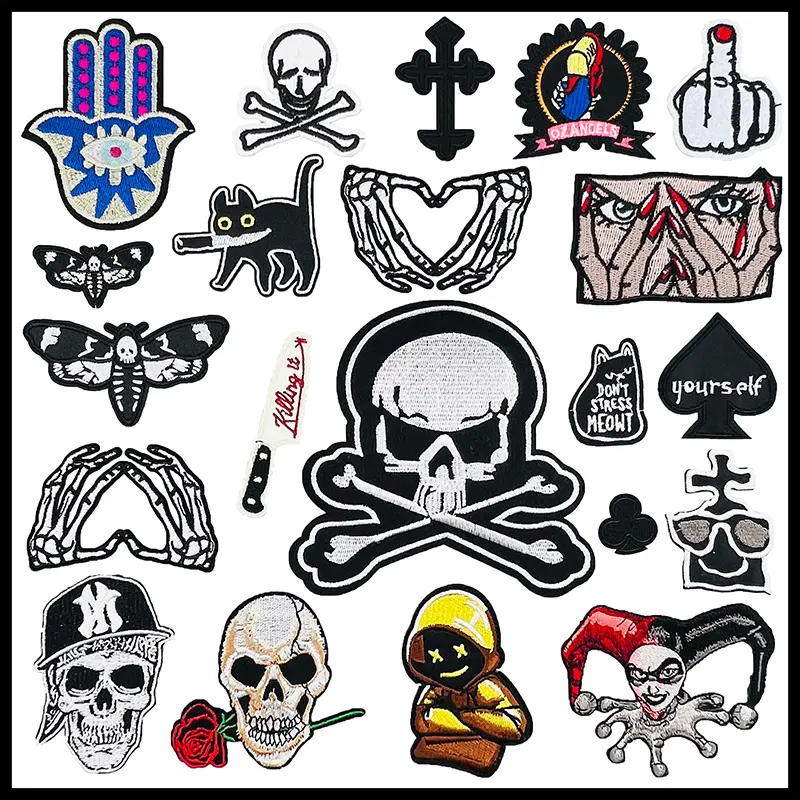 Trade Style Black and White Rock Punk Embroidery Skull Head Cloth Sticker Clothes Hat Hole Repair Patch Morale Badge Backpack Stickers Patches   For Clothing Jacket Mochila Pack Cute