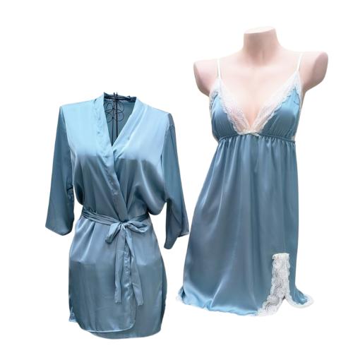 Product Introduction of SET áo choàng kèm váy ngủ lụa nữ hai dây quyến rũ sang trọng Dreamy- CVX28-27 Xanh nhạt Kem Women Ren 14