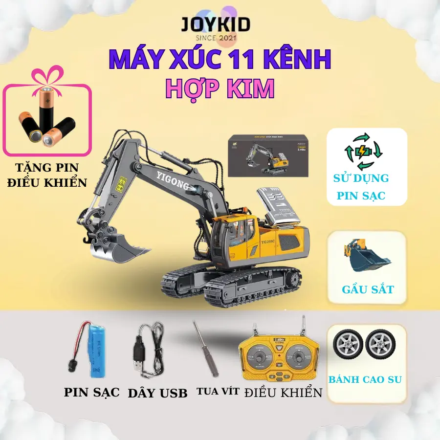 Xe Máy Xúc Điều Khiển Từ Xa, Xe Ben 6, 9, 11 KÊNH (Gầu SẮT,Pin sạc, Đèn Led, Bánh xích cao su)