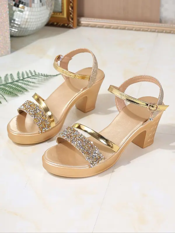 Women's Fashionable Glitter Decorated High Heel Sandals, Elegant Square Toe Sandals for Party, Daily Clothing Decor for Women & Girls 6