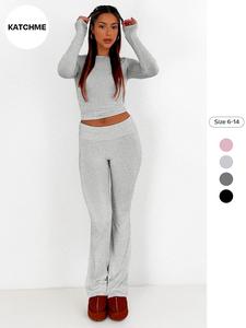 Two-piece Set Women's Solid Long Sleeve Tee & Flare Leg Pants Set, Outfits 2 Piece Set, Casual Round Neck Top & Bell Bottom Trousers for Spring & Fall, Winter Co Ord Set, Women's Clothing for Daily Wear