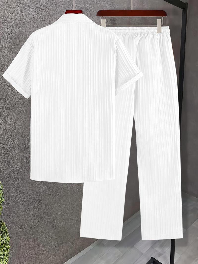 Product Introduction of Two-piece Set Men's Solid Textured Button Front Shirt & Drawstring Waist Pants, Loose Casual Short Sleeve Collared Top & Pocket Trousers for Beach Vacation, Men's Two-piece Outfits for All Seasons 19