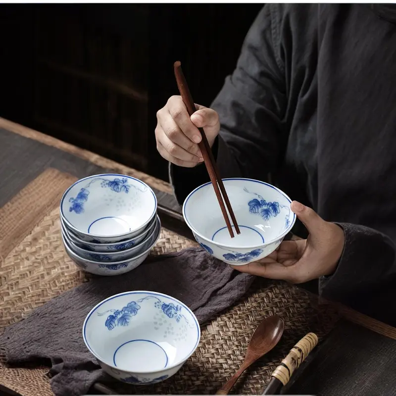 Chinese Style Porcelain Bowl Set, 1 Set Exquisite Blue and White Ceramic Bowl, Household Rice Bowl, Small Soup Bowl, Noodle Bowl, Salad Bowl 5