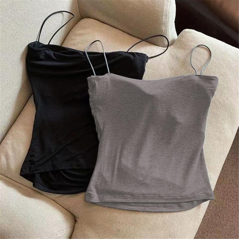 Áo Hai Dây Có Đệm, Kiểu Nâng Ngực, Chất Liệu Lụa Lạnh Áo Crop Top, Áo Vest Hai Dây Xếp Ly Cô Gái Nóng Bỏng Dễ Thương Và Gợi Cảm, Dây Đeo Vai Mỏng, Thích Hợp Cho Phụ Nữ Vào Mùa Hè, Áo Không Tay, Có Thể Mặc Ngoài Trời 3