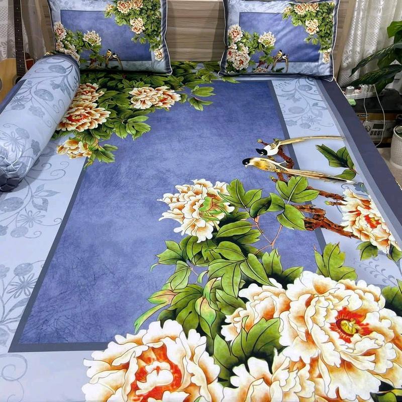 BỘ GA GỐI THUN LẠNH 5D 4 MÓN GỒM 2 VỎ GỐI NẰM 50X70 CÓ VIỀN GÂN 1 ÁO GỐI ÔM DÂY KÉO CHÂN NỆM CAO 20 PHÂN  MẪU BÔNG ĐỎ + XANH NGỌC