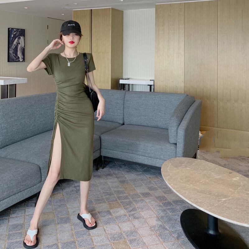 Product Introduction of summer new temperament drawstring slit dress women's waist cinched midi slim slim hip skirt 6