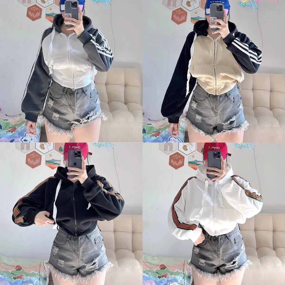 Áo khoác nỉ nữ tay phồng viền sọc dáng lửng croptop