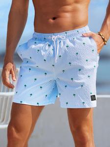 Pantalones cortos de baño bóxer con estampado de palmera de ajuste regular para hombre, pantalones cortos de baño transpirables cómodos e informales para verano, traje de baño para hombre para vacaciones en la playa