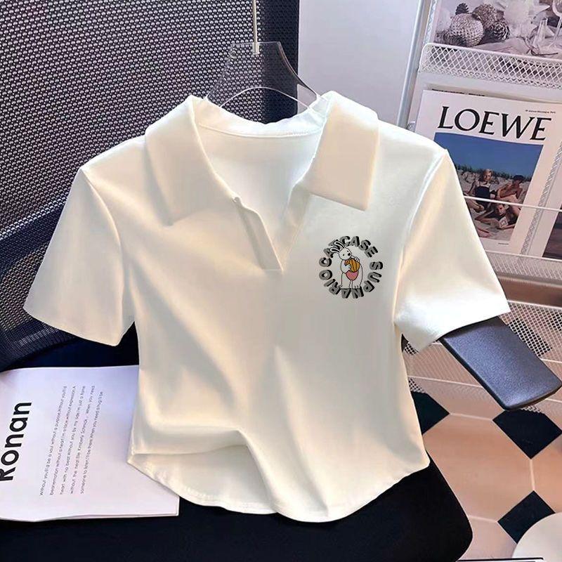 Product Introduction of [2281 Favorites] White Polo Collar Printed Short Sleeve T-Shirt for Women Summer Irregular V-Neck Pure Desire Style Sweet Hot Girl Short Top Womenswear Lingerie Comfort Casual Heart Love 20