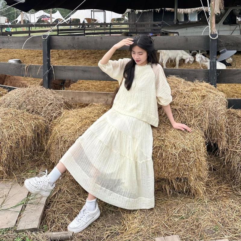  Set áo babydoll voan li ngực trơn kèm chân váy dài phong cách Hàn Quốc new 2023  SET14  