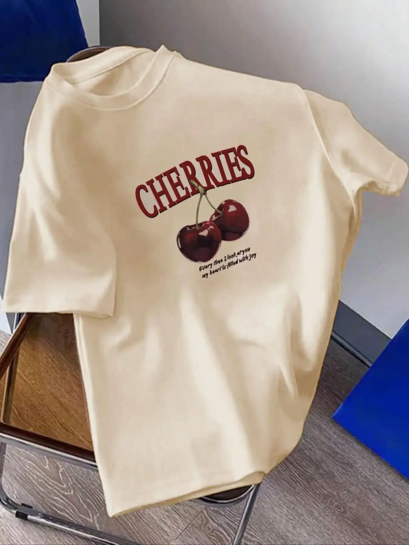 Men's Cherries & Letter Print Drop Shoulder Tee, Regular Fit Casual Street Short Sleeve Round Neck T-Shirt for Summer, Men's Top for Daily Wear
