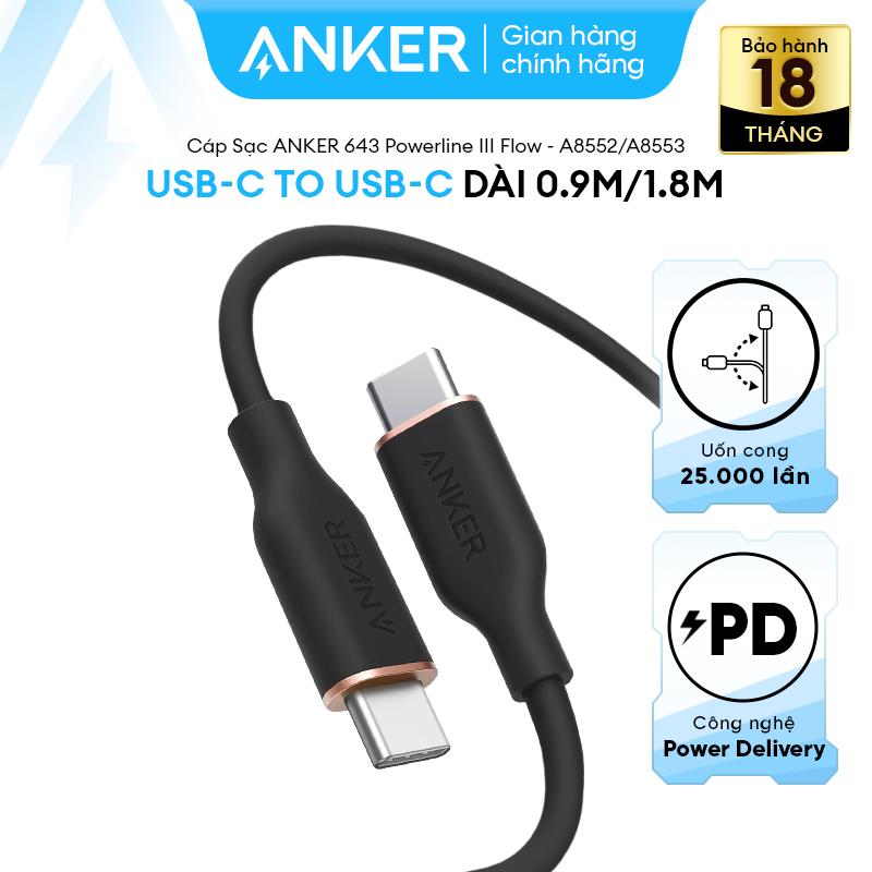 [Cáp CtoC 100W] - Cáp sạc nhanh Anker 643 USB-C to USB-C PowerLine III Flow - Chất liệu Silicone - Dành cho iPhone 15/16-Android-Macbook-iPad chắc chắn bền bỉ sạc nhanh - A8552/3