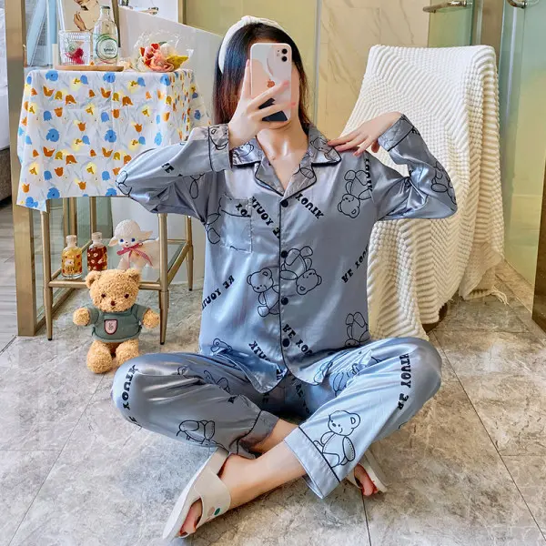 GS1240 banyak Motif piyama kancing satin baju tidur setelan wanita lengan panjang 4