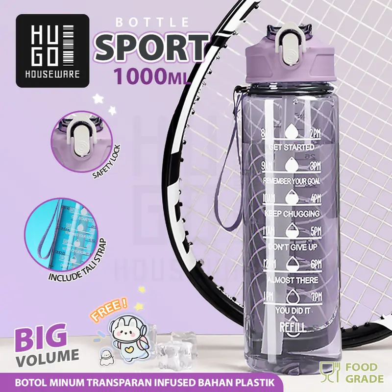 HUGO Botol Minum Motivasi 1 Liter Transparan Bening Botol Air Anak dengan Sedotan Premium BPA FREE 0