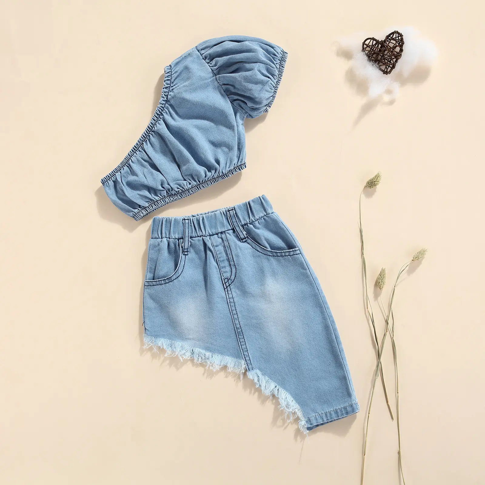 Bộ Quần Áo Denim Cho Bé Gái, Áo Cropped Trễ Vai ngắn Tay Trơn Váy viền bất đối xứng Thích Hợp Cho Độ Tuổi: 1-5 Tuổi