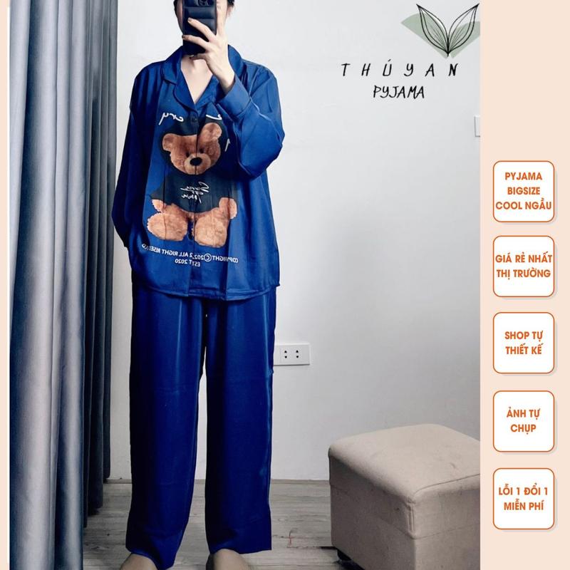 Bộ Pijama Bigsize hình gấu xanh tím than tay dài mặc nhà dành cho nữ có size từ 40kg đến 90kg