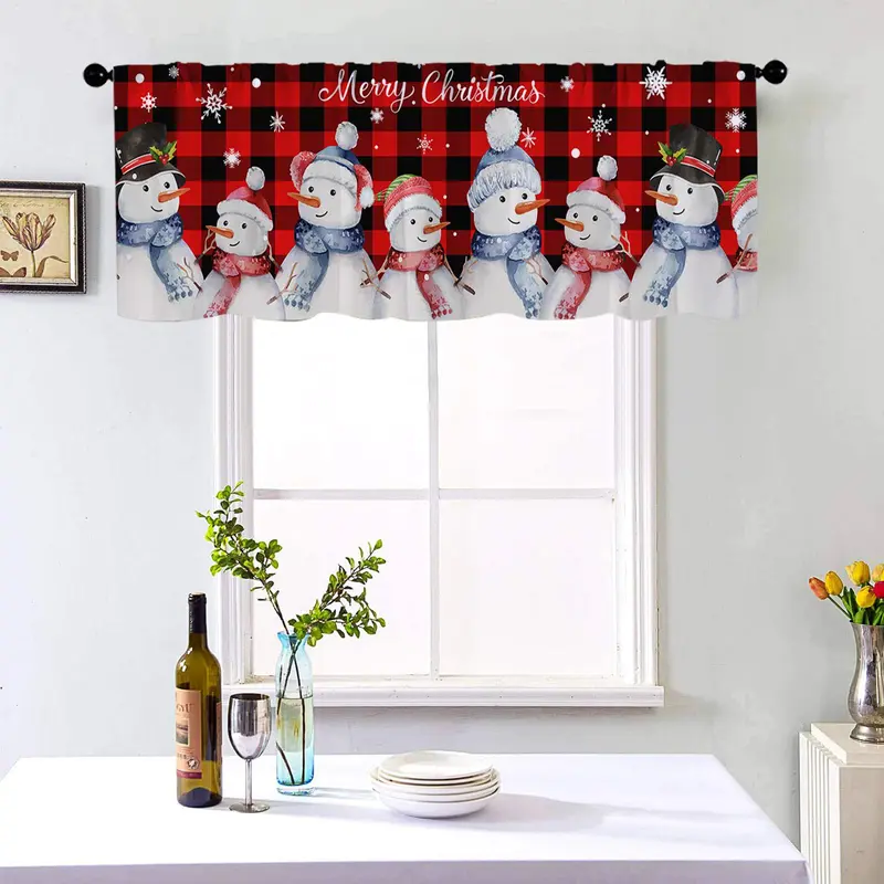 Snowman Pattern Christmas Themed Curtain, 1 Count Plaid Pattern Pocket Window Curtain, Window Drapes for Home Living Room Bedroom Decor 4