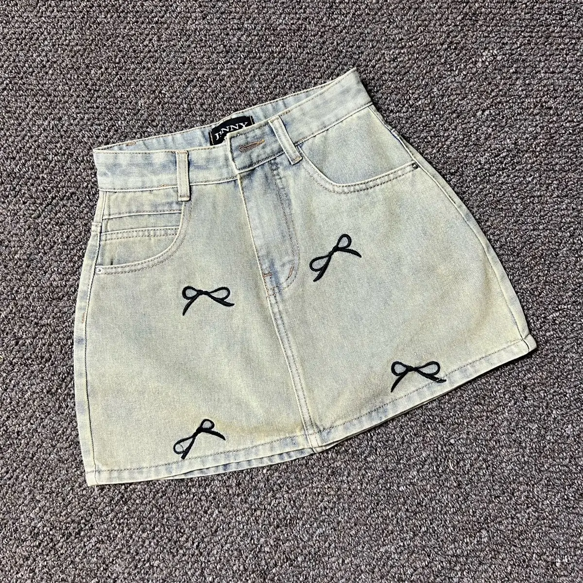 (S-XL) Chân váy jean vải QC phối nơ thêu kiểu trước sau CV1019 dài 36cm - Nữ Women thông thường giặt bằng nước lạnh