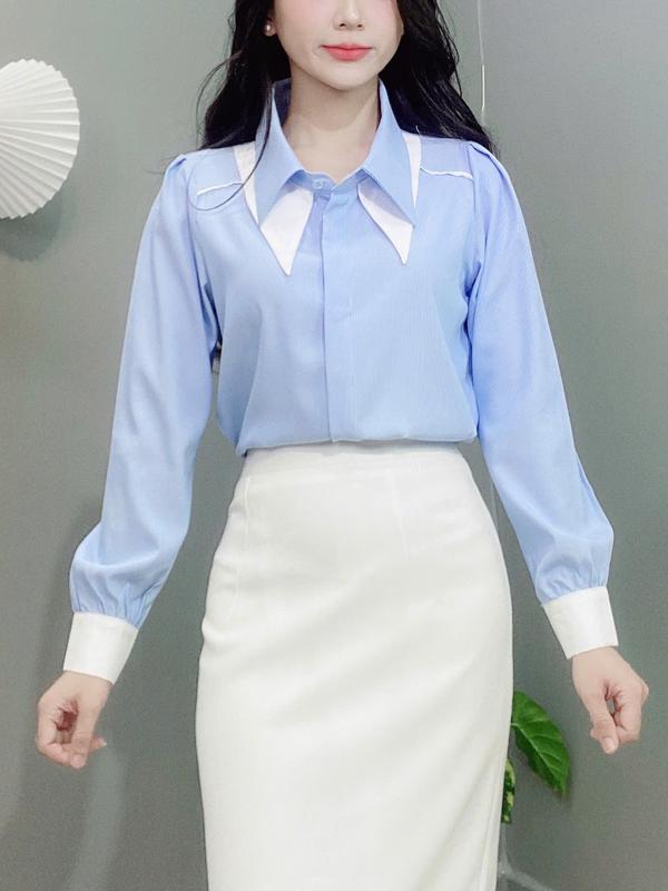 Áo sơ mi thiết kế 2 lá cổ trắng sọc tay dài sang trọng MD-A301 0