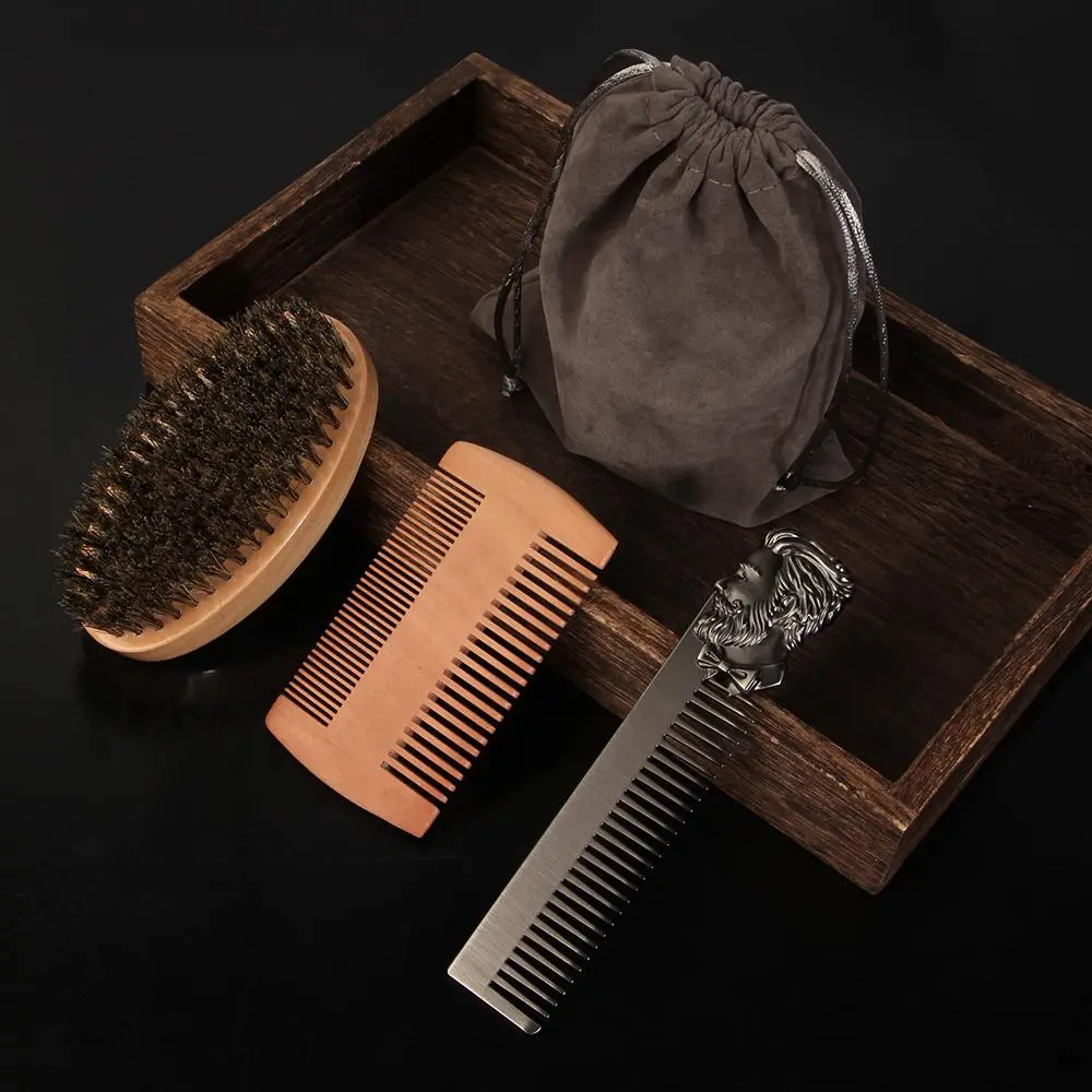 Men's Beard Brush Set, 4 Counts/set Beard Comb & Beard Brush & Storage Bag, Professional Beard Styling Tool Set for Men, Gifts for Boyfriend, Ideal Gift