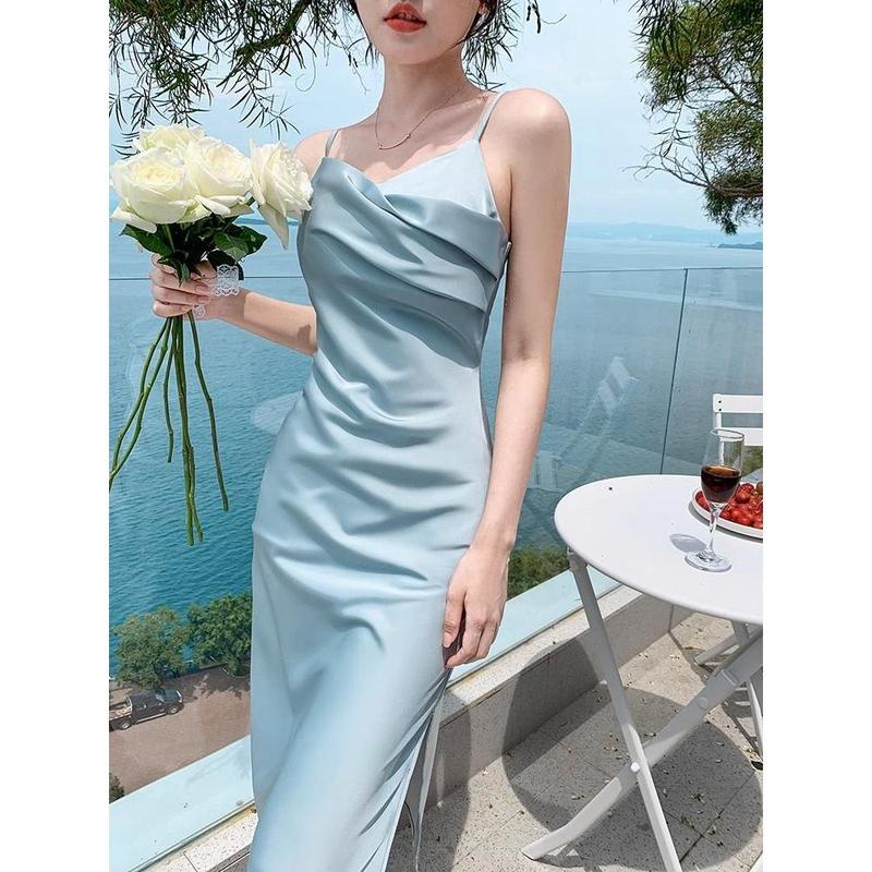 D2829-French blue suspender dress, women's summer satin texture, high-end feeling, slim fit temperament, design sense, unique dress 1