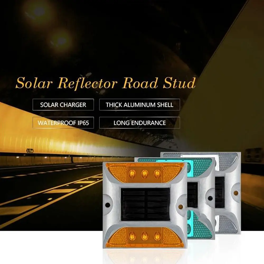 Durable Flashing or Always-on Solar Road Stud Light Reflective Waterproof Traffic Marker Light 6 LED Square Deck Lights Outdoor