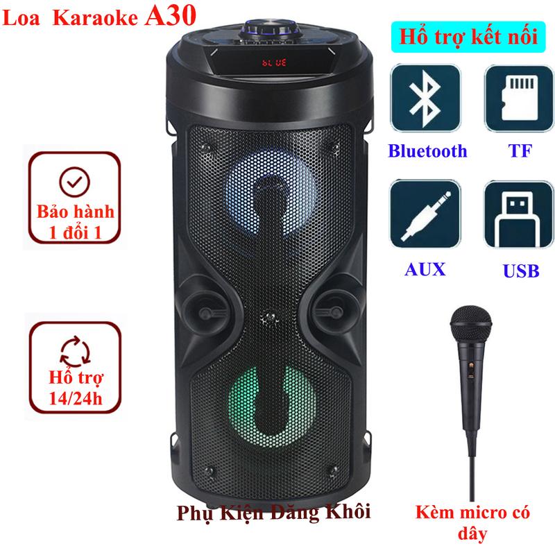 Loa bluetooth A30 kèm 1 micro có dây hát karaoke âm thanh lớn hổ trợ kết nối AUX Thẻ nhớ USB có đèn led Loa kệ sách