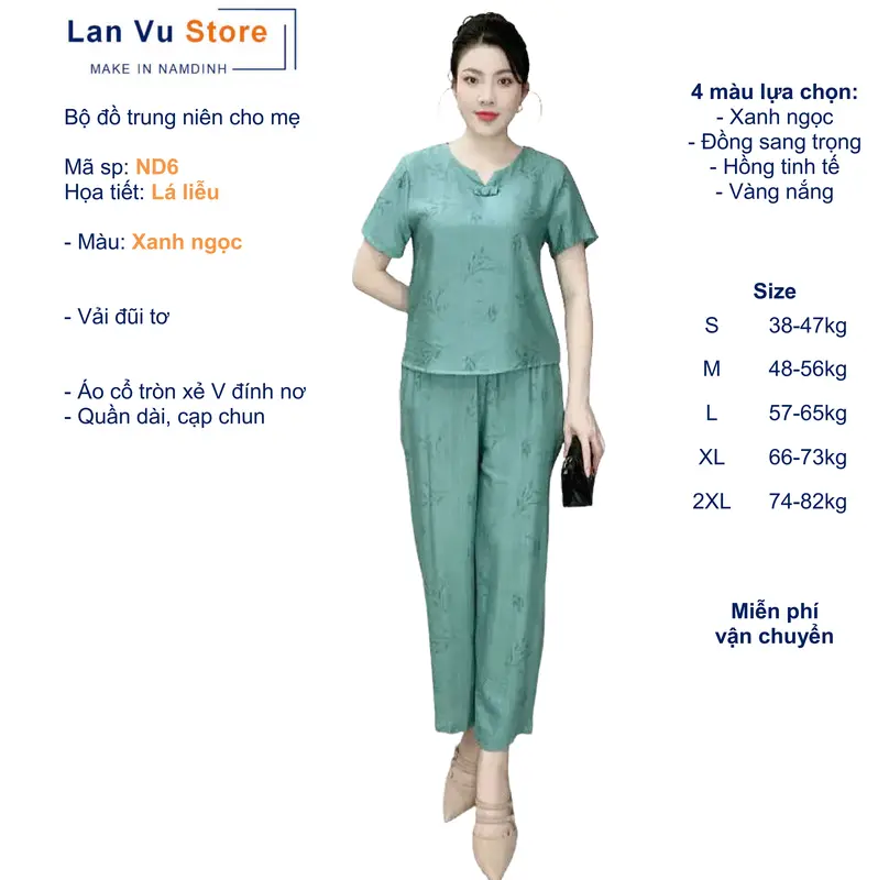ND6 Bộ cho Mẹ, Bộ Trung Niên, Bộ mặc nhà, LANVU STORE Make in Namdinh, Họa tiết Lá liễu, Áo Cổ tròn xẻ V đính nơ, Quần suông dài 9 tấc có túi, Vải đũi tơ thoáng nhẹ Nữ Women Voi setdongu cute đồ macnha 0