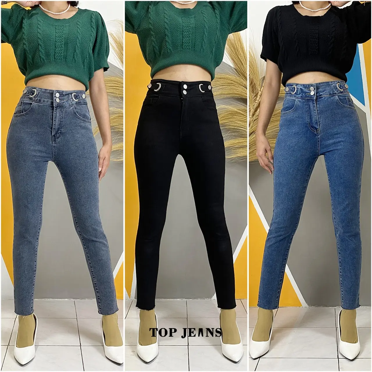 Celana Ngaret Pinggang Tinggi Jeans Wanita 2 Kancing Gaya Denim Kekinia TJS P278