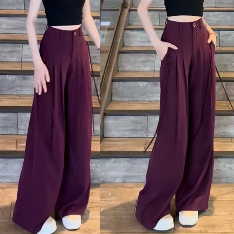 Quần Dài Ống Rộng, Phong Cách Thời Trang, Eo Cao, Thường Ngày Và Dễ Phối Đồ Thích Hợp Cho Mùa Xuân Và Mùa Hè, Hàng Mới Về Năm 2024, Hiệu Ứng Xếp Ly Dáng Rộng Rãi, Quần quét đất Nhà Cho Nữ Women Pants Tím