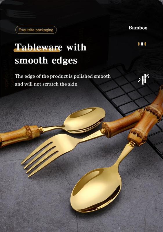 Product Introduction of 16/24PCS Creative Bamboo Handle Stainless Steel Tableware With Steak Knives Flatware Knives Set Includes Dessert Spoon Forks 24