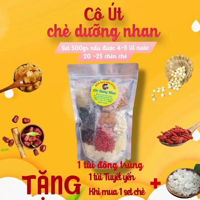 (1 Sét 500gr) Chè dưỡng nhan 14 vị, nấu được 20-25 chén tea nước trà-cô út chè dưỡng nhan, tặng 1 túi tuyết Yến, 1 túi đông trùng Chua Sen 0