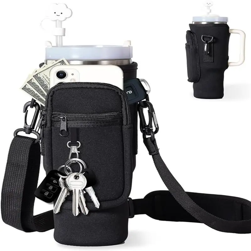 Drinkware Accessories Water Bottle Carrier Bag, Tumbler Cups Holder with Adjustable Shoulder Strap, Water Bottle Carrier with Phone Pouch for Outdoor Hiking Camping (Mugs Not Included, Carrying Case Only)