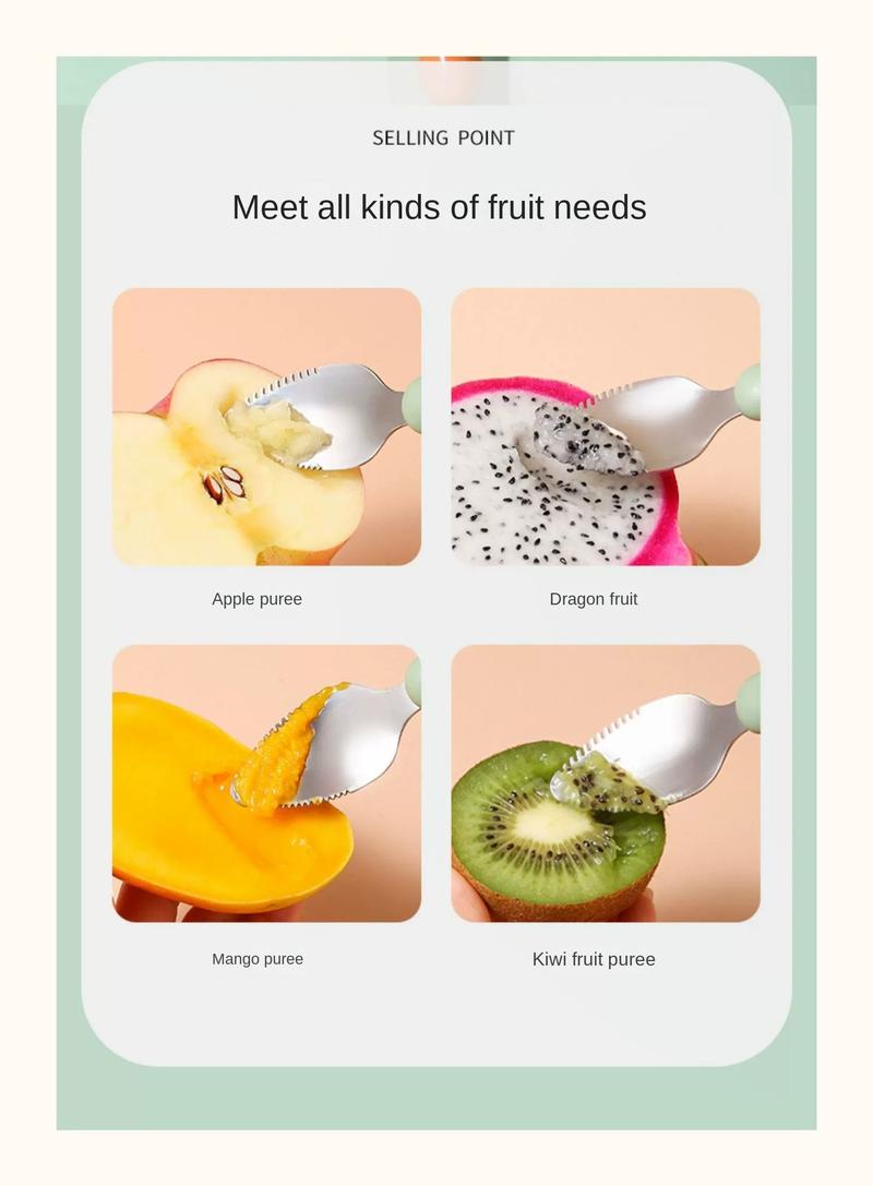 Product Introduction of Double-Headed Mud Scraper Spoon Baby Food Supplement Baby 316 Stainless Steel Fruit Puree Spoon Silicone Spoon Feeding Mud Scraper Spoon 2