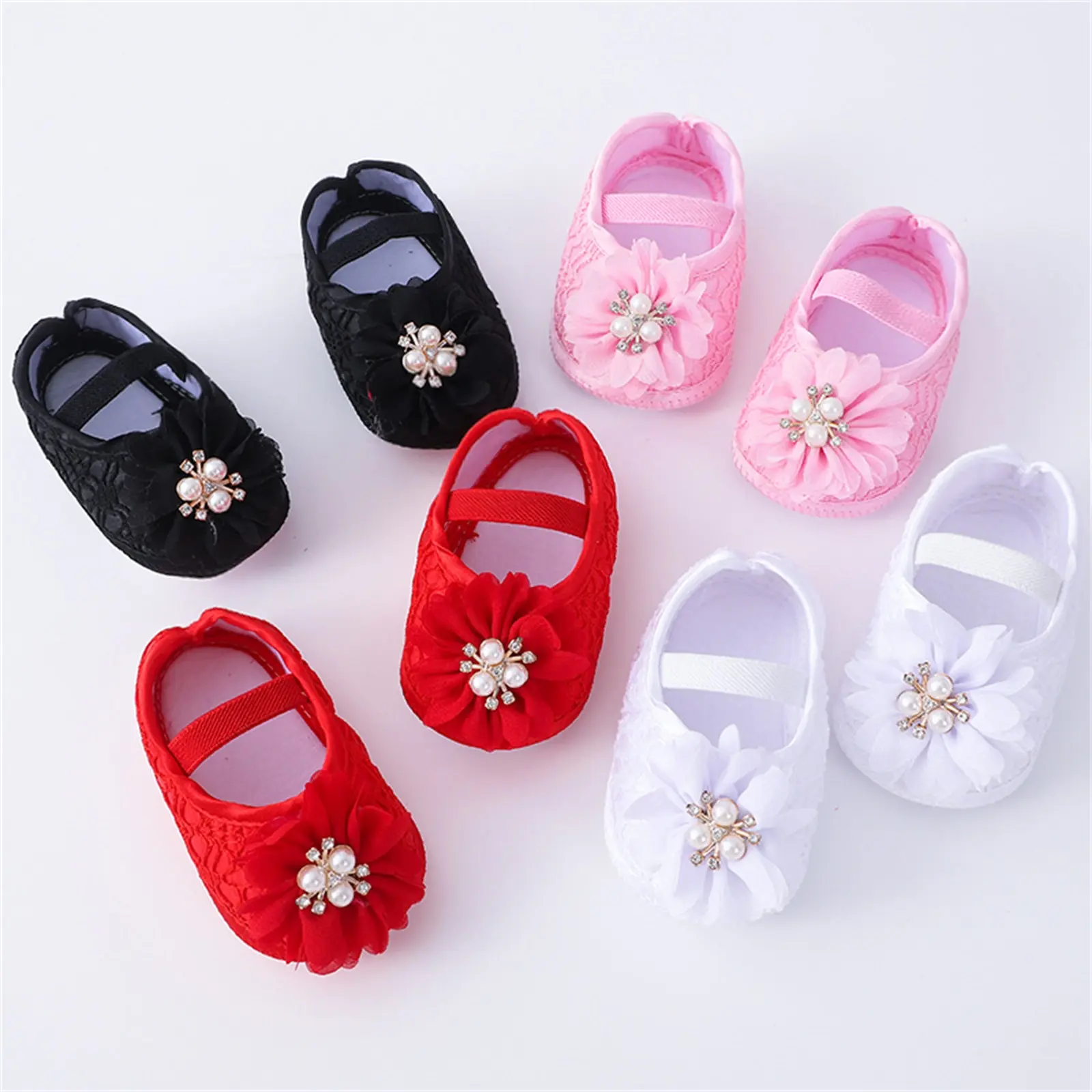 Baby Girls Flats and Headband Soft Sole Non-slip Pearl Flower Princess Wedding Dress Walking Shoes for Newborn
