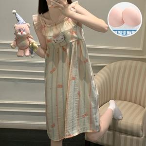 Baju Tidur Tanpa Lengan, Koleksi Musim Panas, Kapas Tenunan Seperti Awan, dengan Bra Terbina Dalam, Gaun Panjang Serba guna, Sesuai untuk Ruang Rehat Rumah dan Bersiar-siar Kasual