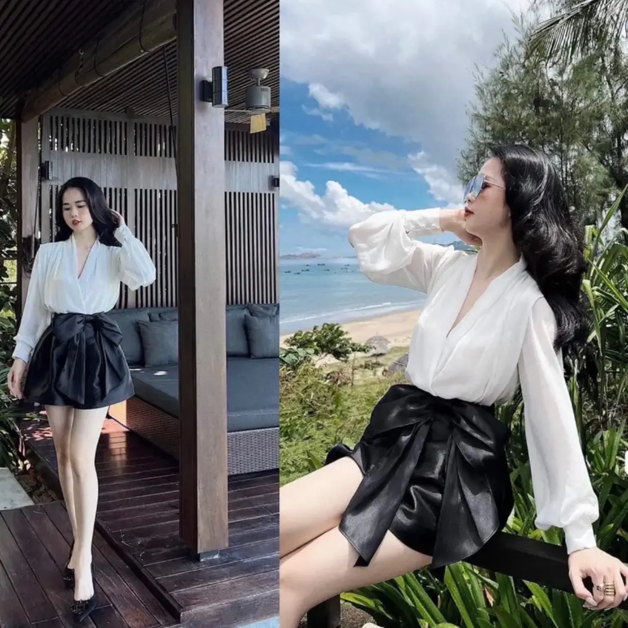 Set Áo Lụa Quần Nơ Tafta Cao Cấp Siêu Hot Nữ Women Top