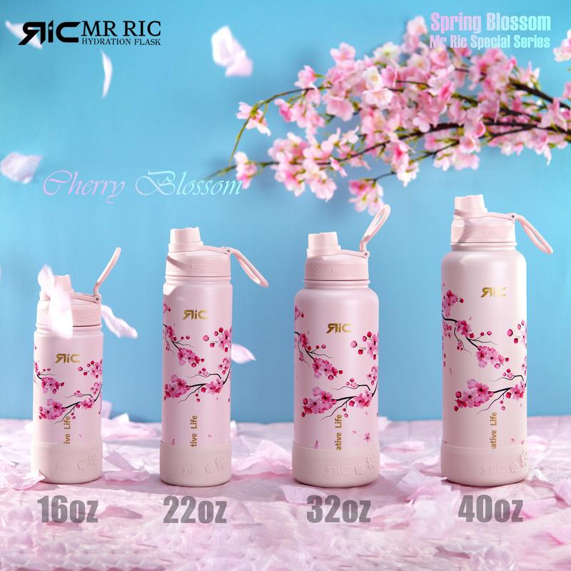 Product Introduction of Mr Ric Sakura Spring Blossom Series Hydration Flask Vacuum Flask Spout Lid Wide Mouth Insulation Water Bottle Hot & Cold Tumbler with Free Silicone Boot BPA Free 40oz 32oz 22oz 16oz 6