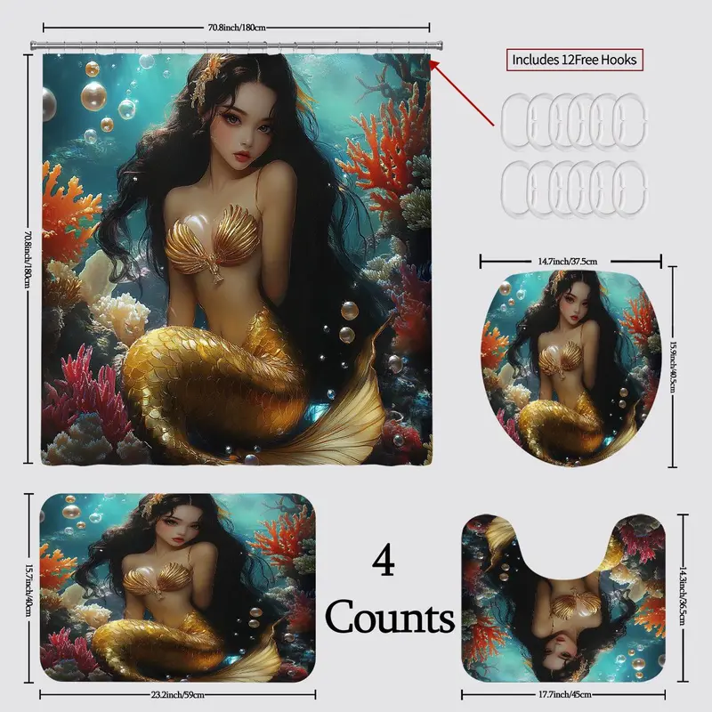 Mermaid Pattern Bathroom Decor Set, 1 Set Including Shower Curtain & Toilet U-shaped Mat & Rectangular Mat & Toilet Lid Cover, Bathroom Accessories 1